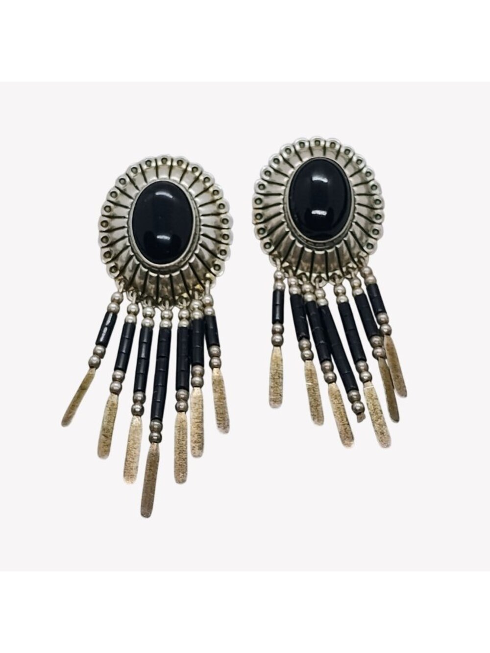 Southwest Navajo Sterling Silver Black Onyx Concho Dangle Earrings - READ